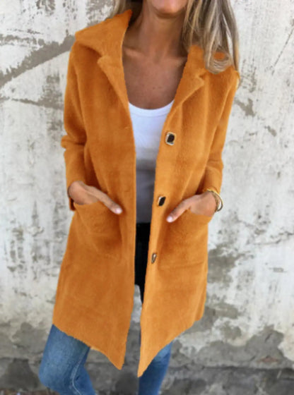 Manteau femme à col polo, poches avant, coupe mi-longue – Style élégant et décontracté