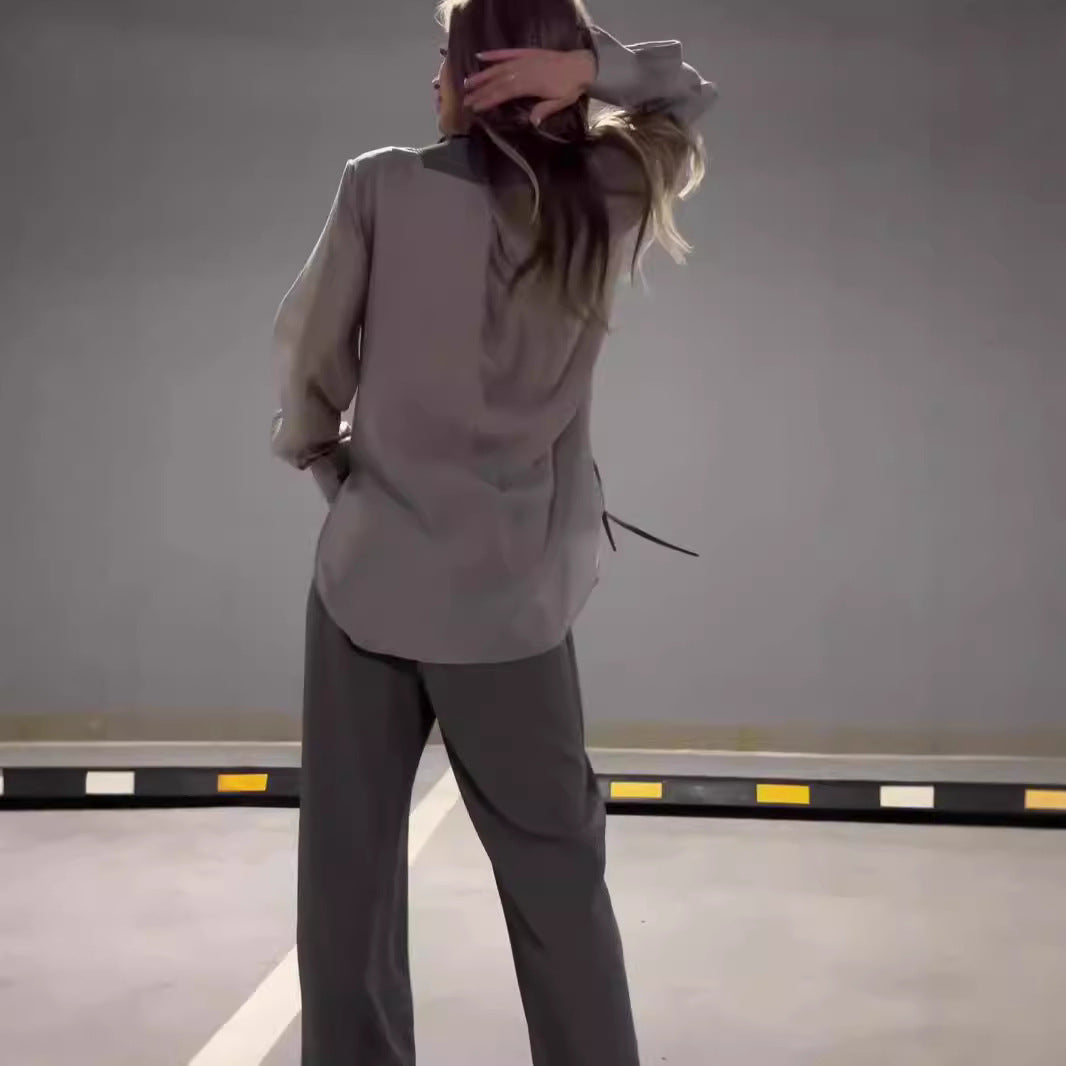 Ensemble Femme Élégant Blouse Chiffon & Pantalon Droit