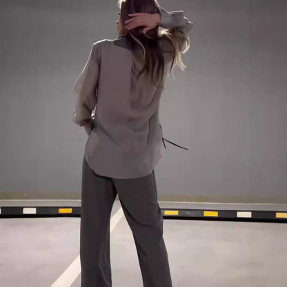 Ensemble Femme Élégant Blouse Chiffon & Pantalon Droit