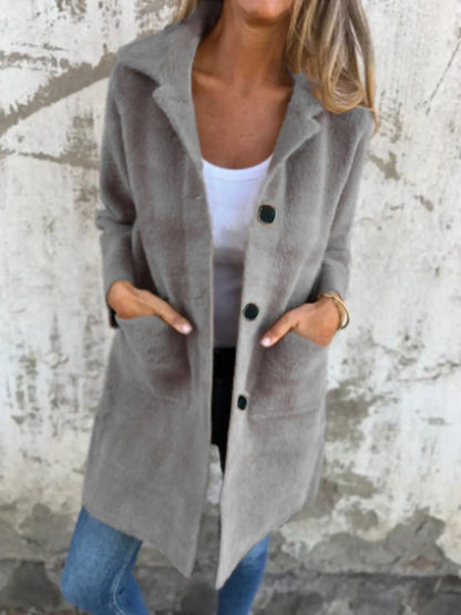 Manteau femme à col polo, poches avant, coupe mi-longue – Style élégant et décontracté