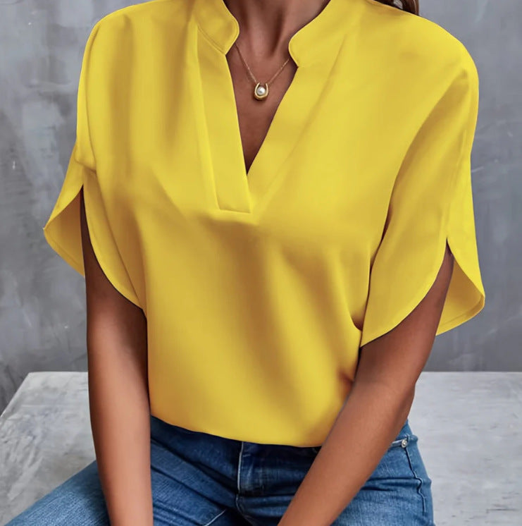 Blouse Chiffon d'Été à Manches Courtes – Col V Élégant et Confortable