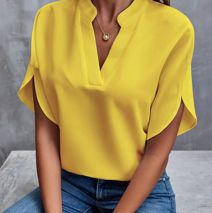 Blouse Chiffon d'Été à Manches Courtes – Col V Élégant et Confortable