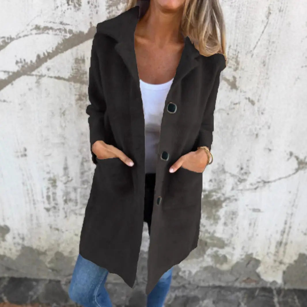 Manteau femme à col polo, poches avant, coupe mi-longue – Style élégant et décontracté