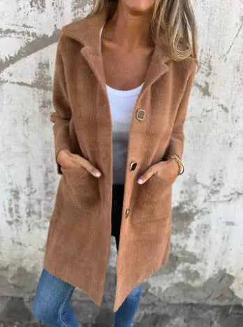 Manteau femme à col polo, poches avant, coupe mi-longue – Style élégant et décontracté