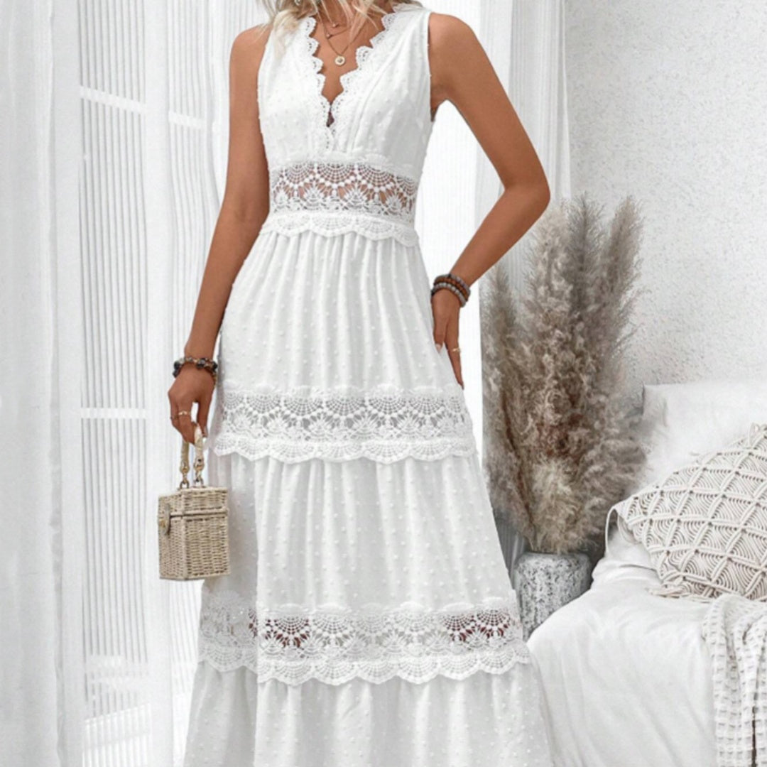 Robe Longue Femme en Dentelle Col V Sans Manches