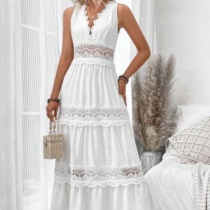 Robe Longue Femme en Dentelle Col V Sans Manches