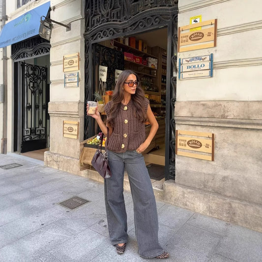 Gilet Femme Sans Manches en Maille Épaisse Boutonné