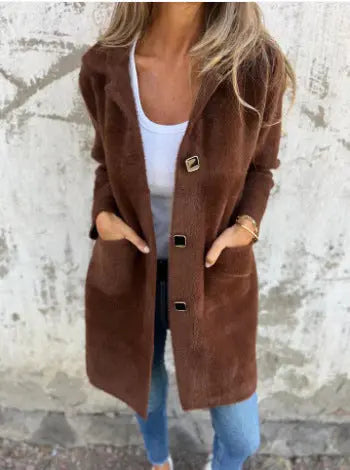 Manteau femme à col polo, poches avant, coupe mi-longue – Style élégant et décontracté