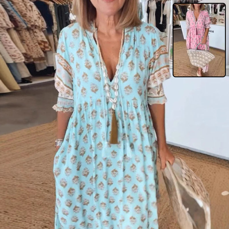 Robe Longue Bohème Femme Col V à Manches Lanternes