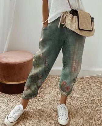 Pantalon Femme Coton & Lin Coupe Décontractée Taille Élastique