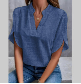 Blouse Chiffon d'Été à Manches Courtes – Col V Élégant et Confortable