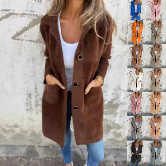 Manteau femme à col polo, poches avant, coupe mi-longue – Style élégant et décontracté