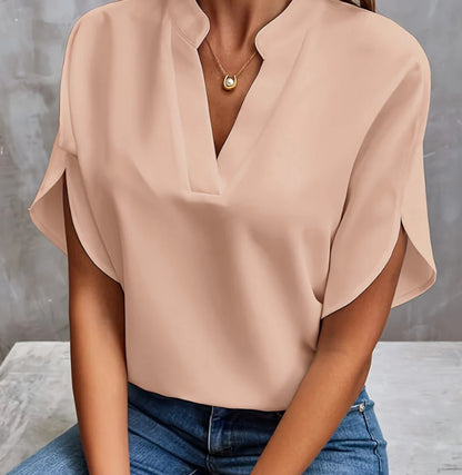 Blouse Chiffon d'Été à Manches Courtes – Col V Élégant et Confortable