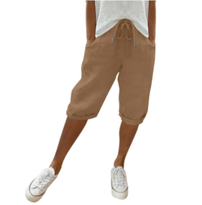 Pantalon Femme Mi-Long en Coton & Lin Taille Élastique